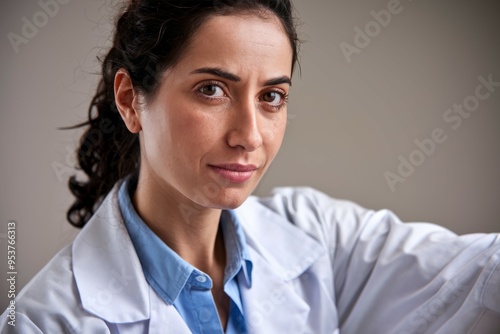 Doctor portrait. Female doctor with serious facial expression, wearing a white lab coat. She looks directly at the camera, conveying professionalism and expertise.