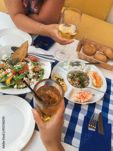 Dinner at greek taverna restaurant with national greek good in Cyprus