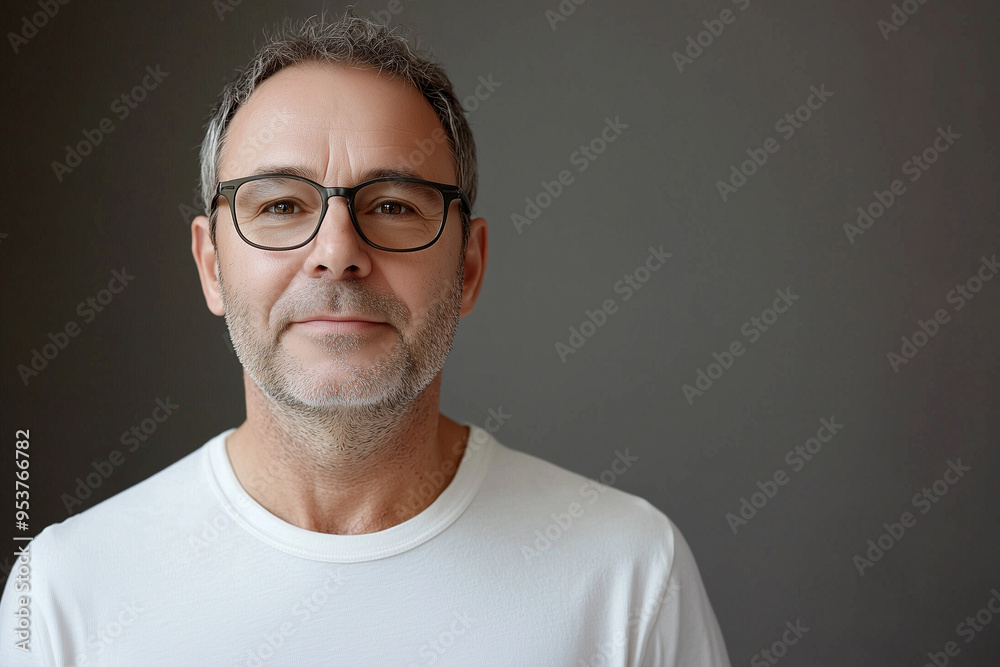 Obraz premium A middle-aged man with glasses looks straight ahead with a slight smile, white t-shirt 