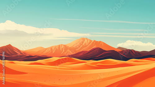 Flat minimalistic desert. wallpaper showing an orange desert with hills, mountains, sand, sky and clouds. vintage landscape background. Desert. Illustration