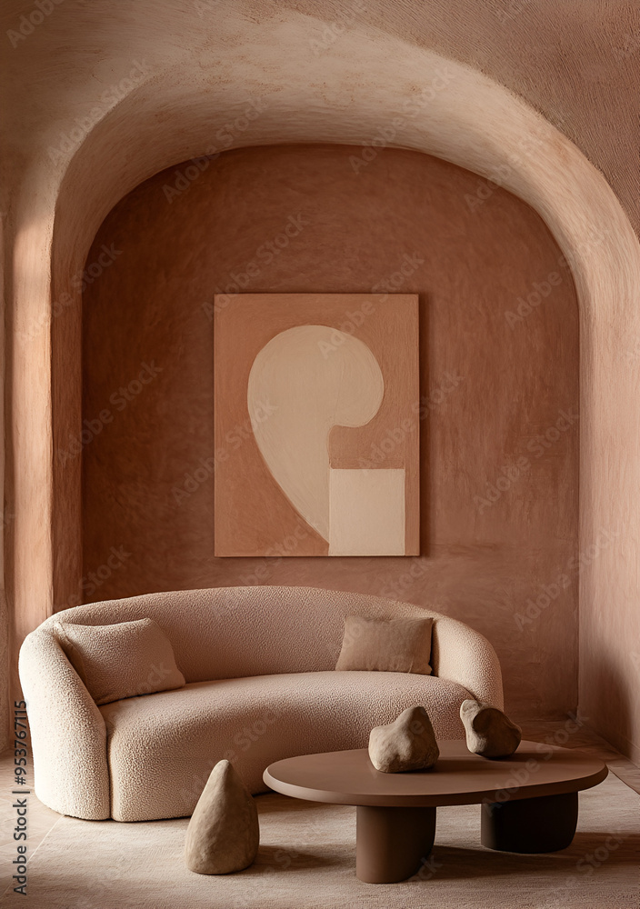 Fototapeta premium Sofa and armchairs near stucco arch wall. Minimalist, japandi interior design of modern living room, Ai