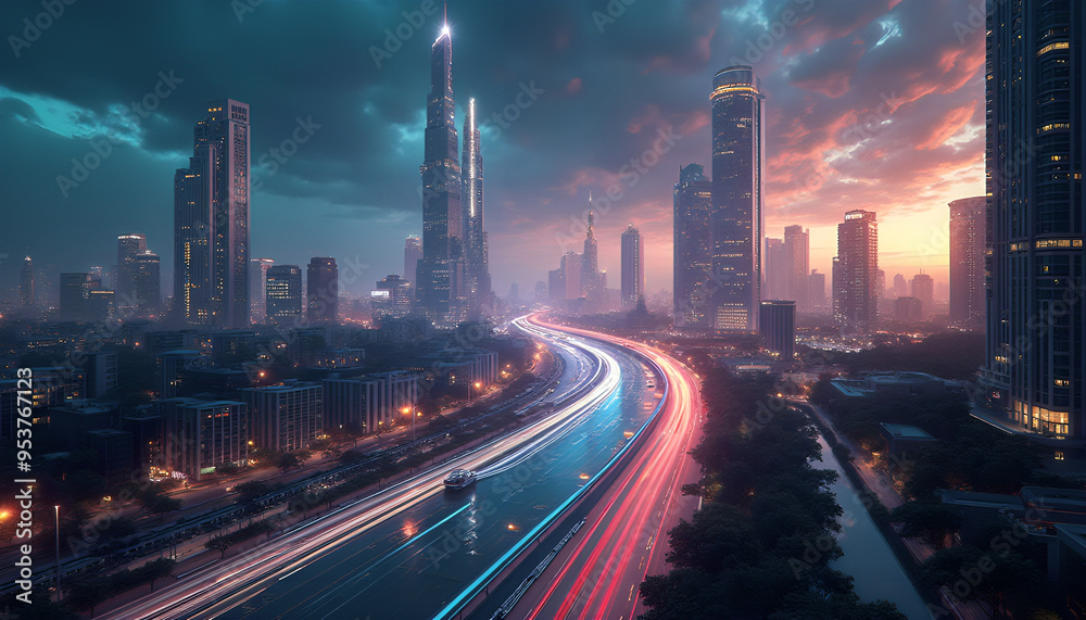 Fototapeta premium a futuristic cityscape unfolds before your eyes dotted with towering skyscrapers and flashing lights A colorful map of the city takes you past revealing the vast expanse of cosmos generative ai 