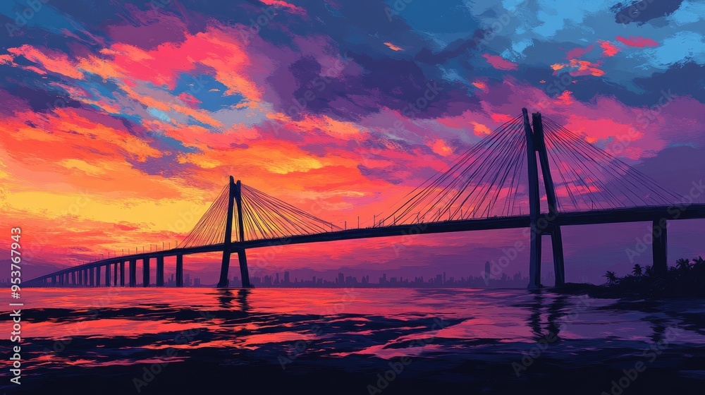 Obraz premium A colorful sunset over the Bandra-Worli Sea Link, with the bridge silhouetted against the sky.