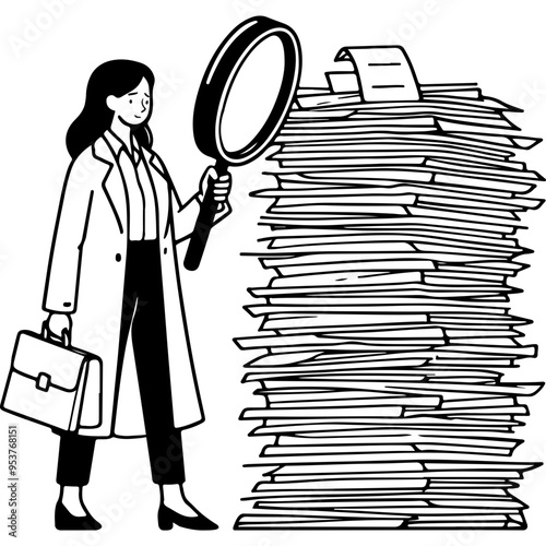 Woman with Magnifying Glass Looking at a Pile of Documents.