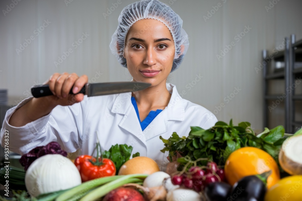 Chef knife produce. Female chef in a white coat holding a knife near fresh vegetables. Chef knife produce. Female chef in a white coat holding a knife near fresh vegetables.