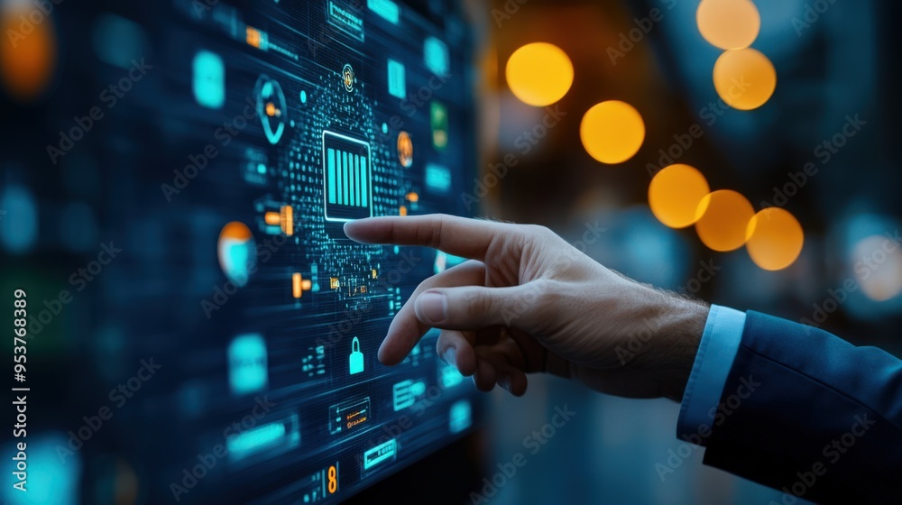 A business professional interacts with a digital interface, exploring graphs and data in a modern tech environment. A business professional interacts with a digital interface, exploring graphs and data in a modern tech environment.