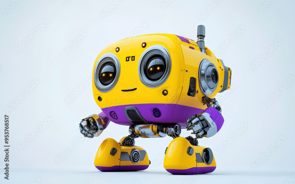 A cheerful cartoon robot with bright colors, featuring large expressive eyes and a friendly smile, perfect for children's media. A cheerful cartoon robot with bright colors, featuring large expressive eyes and a friendly smile, perfect for children's media.