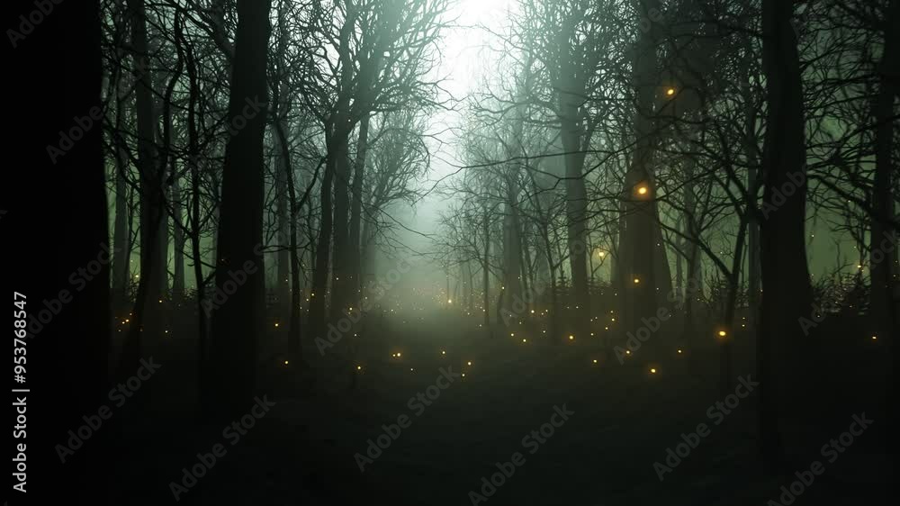 Fireflies In Forest Alley In Dense Fog Dark Mysterious Fairytale