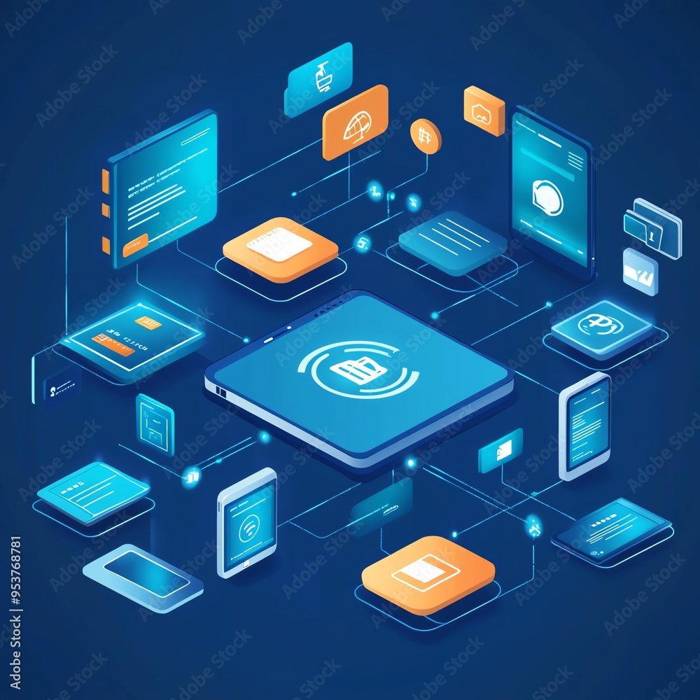 3. Digital wallet icon surrounded by a network of interconnected devices, illustrating the seamless integration across platforms, Wallet icon network devices, Connected finance 3. Digital wallet icon surrounded by a network of interconnected devices, illustrating the seamless integration across platforms, Wallet icon network devices, Connected finance