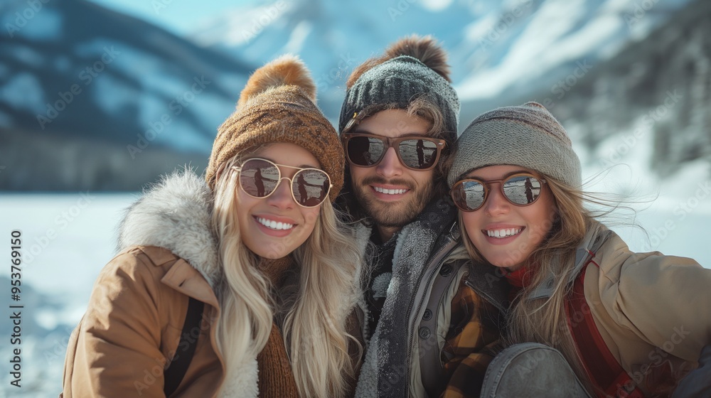 Friends in winter attire enjoying a snowy mountain landscape, smiling with sunglasses and beanies. Friends in winter attire enjoying a snowy mountain landscape, smiling with sunglasses and beanies.