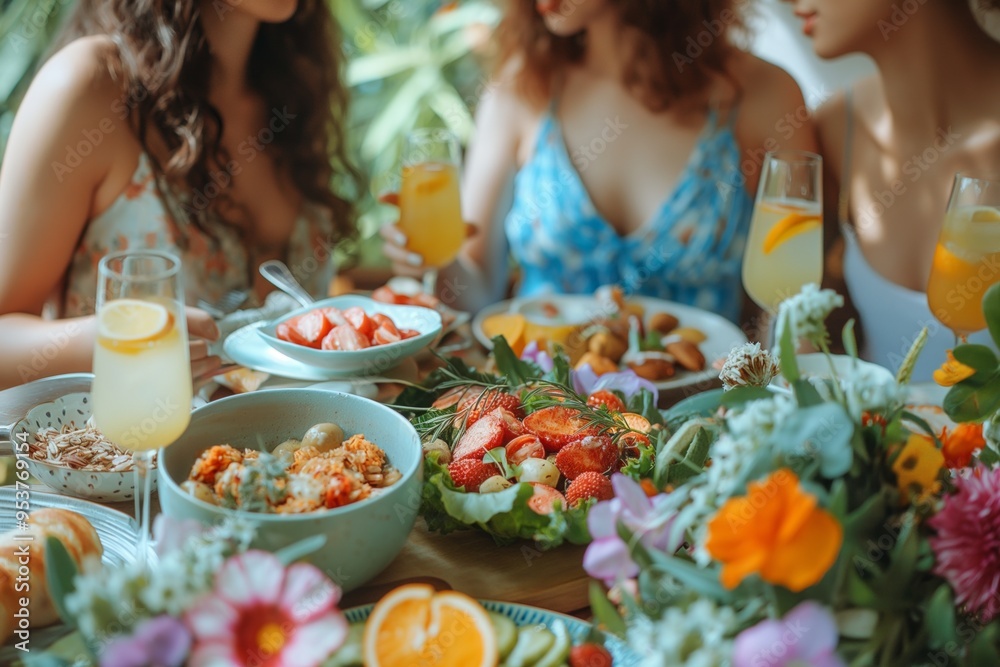A group of friends enjoying a vibrant brunch with fresh fruits, drinks, and flowers on a sunny day. A group of friends enjoying a vibrant brunch with fresh fruits, drinks, and flowers on a sunny day.