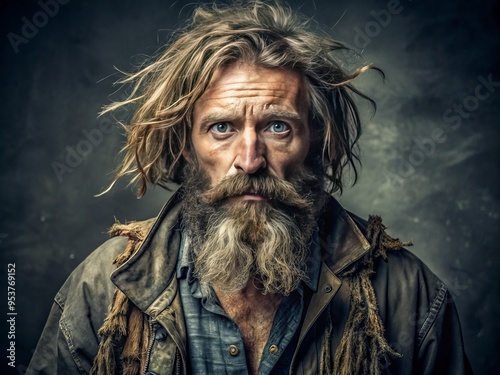 A disheveled, unkempt individual with a long, scraggly, and matted beard, dressed in torn and tattered clothing, exudes photo