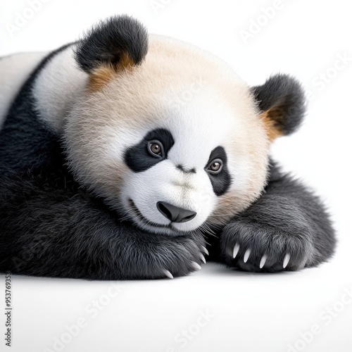 A cute, fluffy panda rests peacefully, displaying its distinctive black and white fur and expressive eyes.