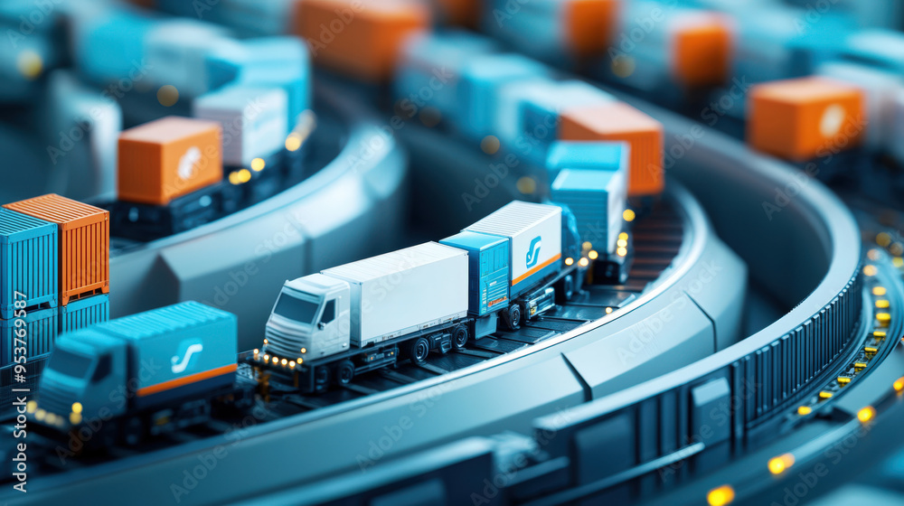 Fototapeta premium A detailed view of miniature train models transporting colorful containers on a circular track, showcasing logistics and transport.