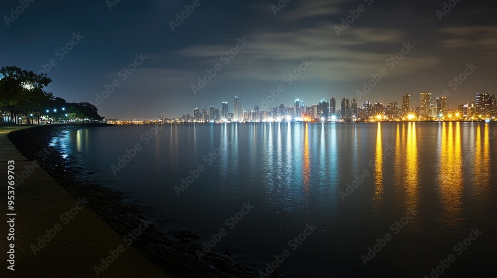 A panoramic view of the Necklace (Marine Drive) at night, with city lights reflecting on the water A panoramic view of the Necklace (Marine Drive) at night, with city lights reflecting on the water