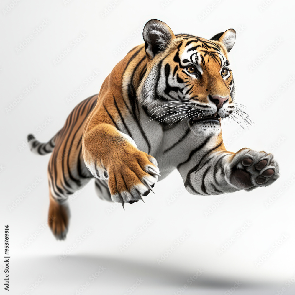 Obraz premium A dynamic tiger leaps through the air, showcasing its strength and agility in a captivating display of wildlife.