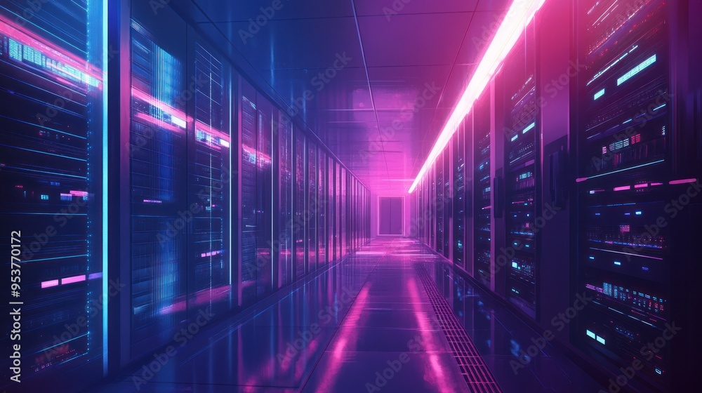 Neon-Lit Server Room Corridor with Rows of Black Servers Neon-Lit Server Room Corridor with Rows of Black Servers