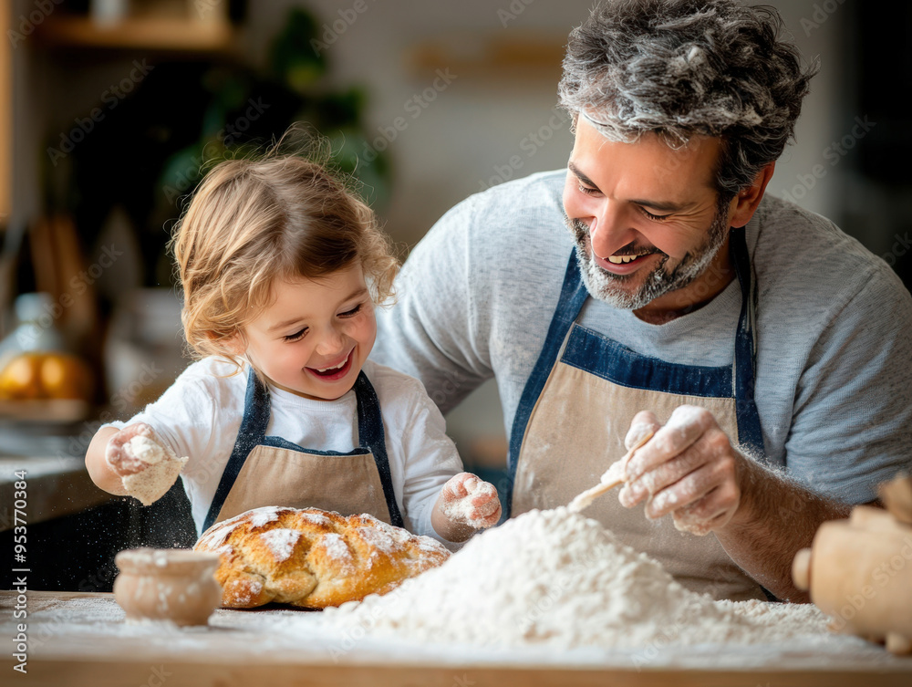 A joyful moment of baking between a father and child, creating memories with flour and fun in a cozy kitchen. A joyful moment of baking between a father and child, creating memories with flour and fun in a cozy kitchen.