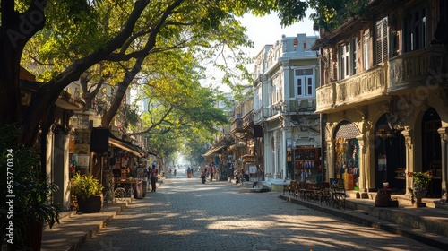 A quiet corner of the Colaba Causeway, lined with shops and colonial-era buildings.