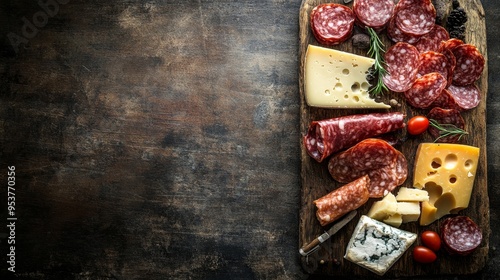 A high-quality AI-generated stock image of a rustic wooden board with a variety of meats and cheeses on the right side, leaving ample space on the left for text. Ideal for food promotions.