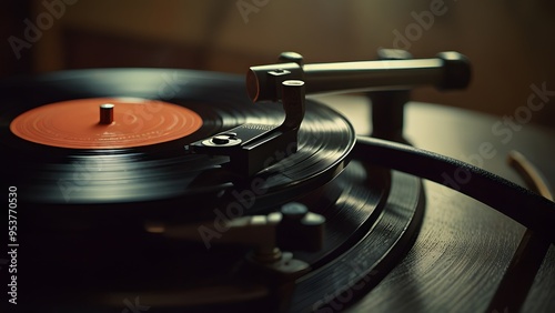 A close-up of a vintage record player, showcasing the intricate details of the turntable and tonearm photo