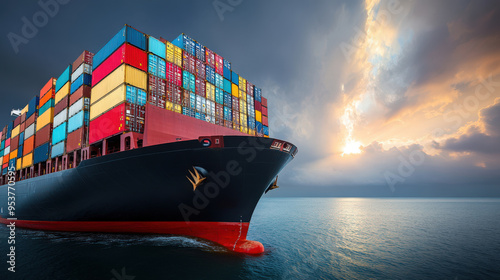 A large cargo ship loaded with colorful containers navigating through calm waters under a dramatic sky at sunset. photo