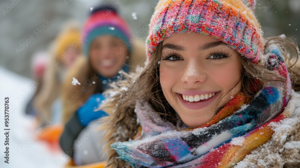 A cheerful person wearing a colorful beanie and scarf, smiling brightly in a snowy outdoor setting. A cheerful person wearing a colorful beanie and scarf, smiling brightly in a snowy outdoor setting.