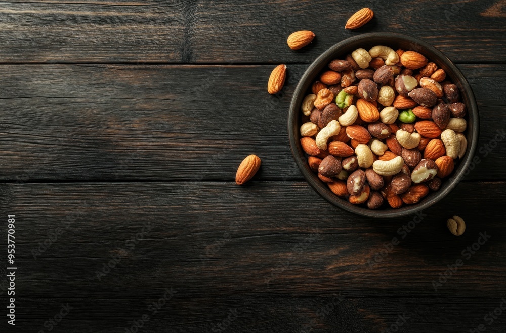 A Bowl of Mixed Nuts on a Wooden Table A Bowl of Mixed Nuts on a Wooden Table