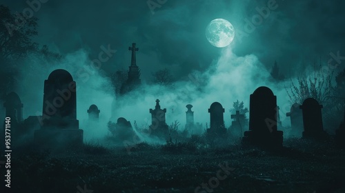 A dark eerie graveyard at night with mist floating up around ancient tombstones while the silhouettes of ghosts drift among the graves under a full moon