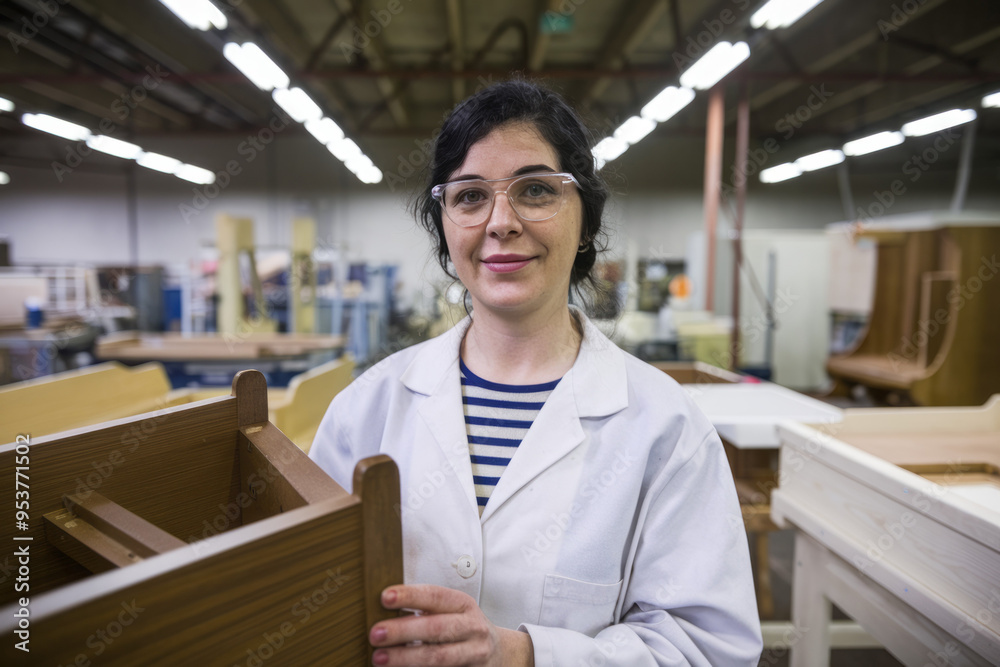 Fototapeta premium Woman holding woodwork. Female worker holding a piece of wood, showing pride and expertise in her craft.
