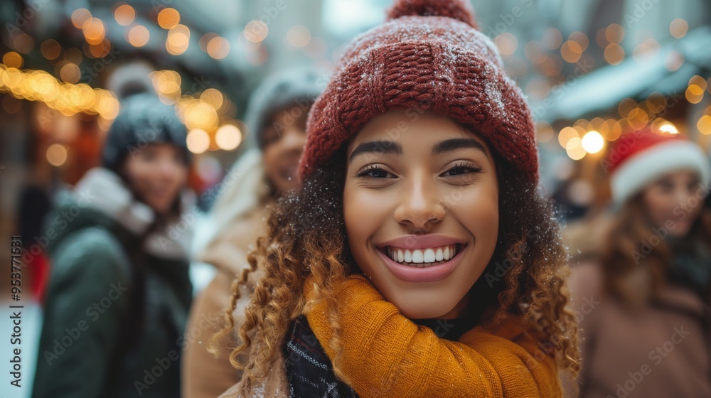 Close-up of a smiling woman in a winter hat and scarf at a festive outdoor gathering with lights in the background. Close-up of a smiling woman in a winter hat and scarf at a festive outdoor gathering with lights in the background.