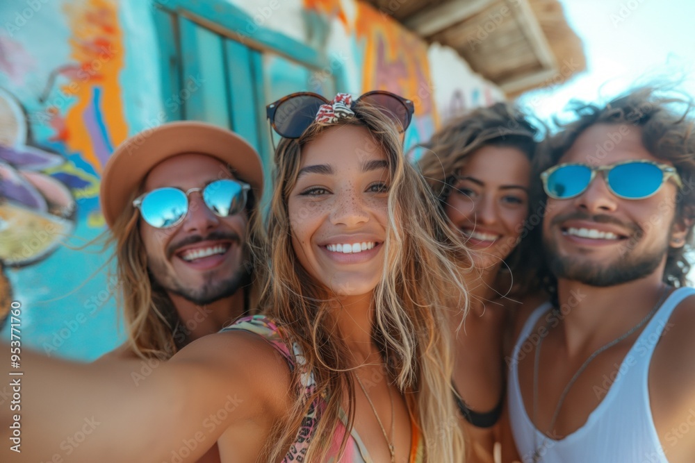 Four friends taking a cheerful selfie on a sunny day, enjoying their time together in front of colorful graffiti. Four friends taking a cheerful selfie on a sunny day, enjoying their time together in front of colorful graffiti.