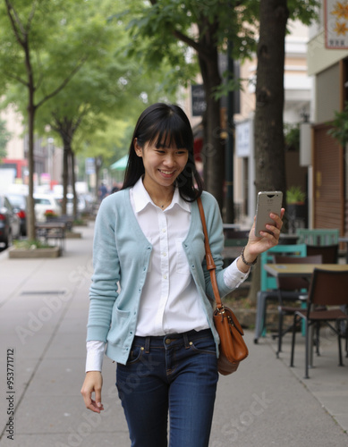 Young Asian Woman with Smartphone, digital lifestyle, everyday technology, connected moments, modern communication, real-life interaction, handheld device, tech in daily life.