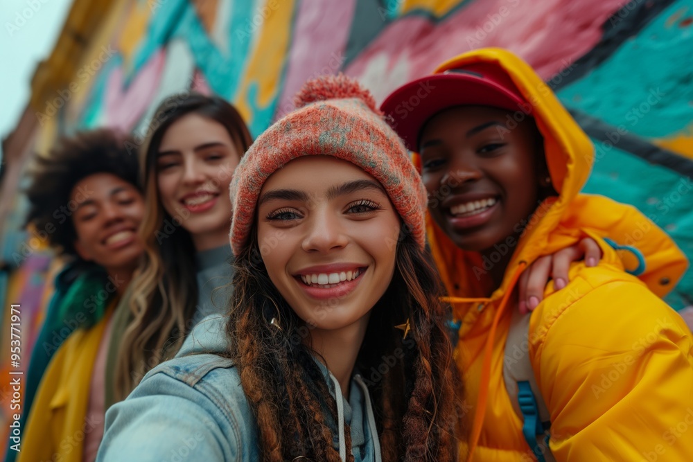 A group of friends smiling in front of a colorful graffiti wall, dressed in casual and vibrant streetwear.