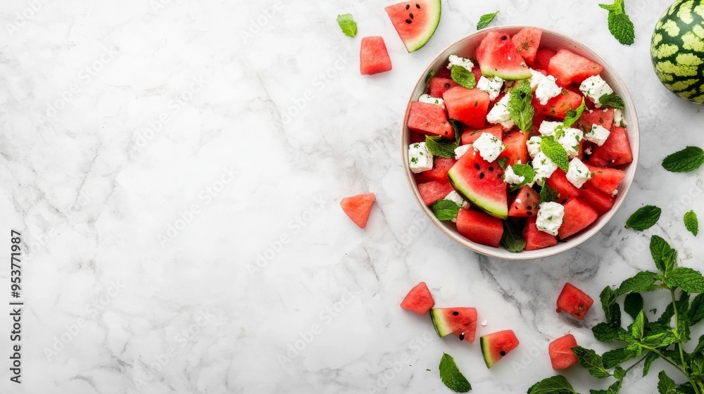 A high-quality AI-generated stock image of a refreshing watermelon salad with feta and mint on the right side, leaving ample space on the left for text. Ideal for summer recipes or healthy content.