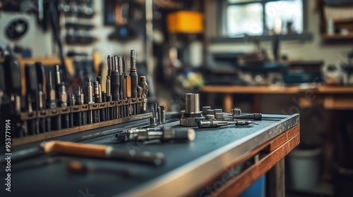 Assorted Tools and Metal Parts on a Workshop Table