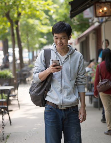 Young Asian Man with Smartphone, digital lifestyle, everyday technology, connected moments, modern communication, real-life interaction, handheld device, tech in daily life. photo