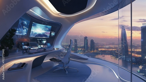 Futuristic Office with Cityscape View at Sunset