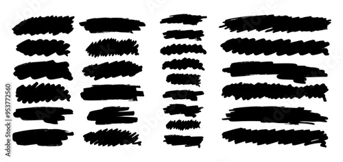 Set of Abstract Black Broad Brush Strokes Isolated on White Background. Vector Grunge Spots Collection, Graphic Elements