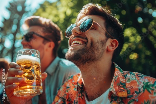 Young cheerful men having fun drinking beer outdoors. photo