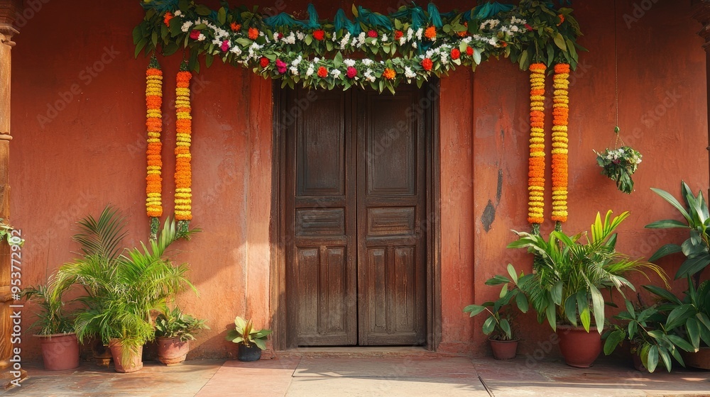 A traditional Indian house entrance with a toran (decorative garland) hanging above the door. A traditional Indian house entrance with a toran (decorative garland) hanging above the door.