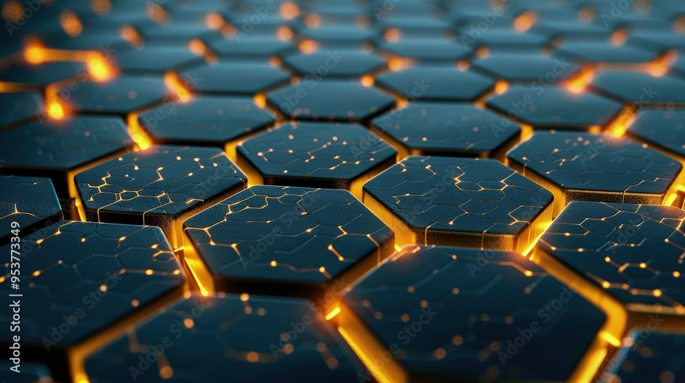 A close-up view of a futuristic hexagonal pattern with glowing edges, suggesting a technological or digital theme. A close-up view of a futuristic hexagonal pattern with glowing edges, suggesting a technological or digital theme.