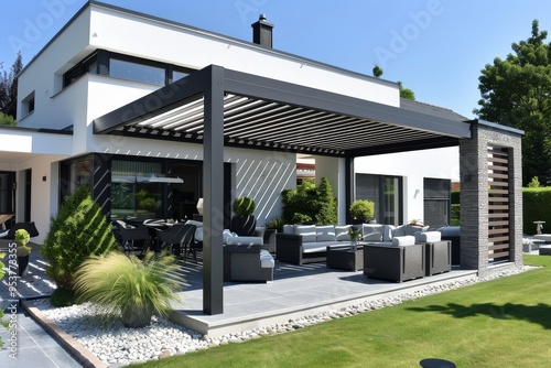 Wallpaper Mural Modern Black Aluminum Patio Cover with White Slats, Lawn, Garden Furniture, Summer Sunlight, and Elegant House in Germany Torontodigital.ca