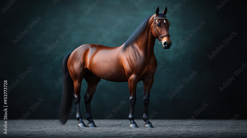 Obraz premium A stunning brown horse stands gracefully against a dark backdrop, showcasing its beauty and strength in a detailed portrait.