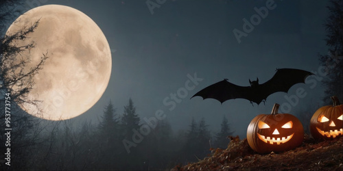 scary and terrible night mystical forest with full moon