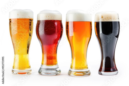 Four beer glasses isolated on white background.