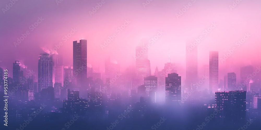 A city skyline partially obscured by thick fog, with buildings looming ghostly in the background A city skyline partially obscured by thick fog, with buildings looming ghostly in the background