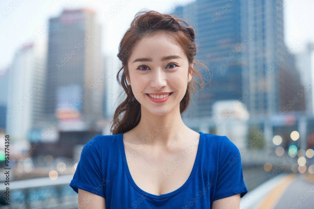 Woman smiling city. Smiling woman standing in front of modern buildings, conveys optimism and confidence in a urban setting.