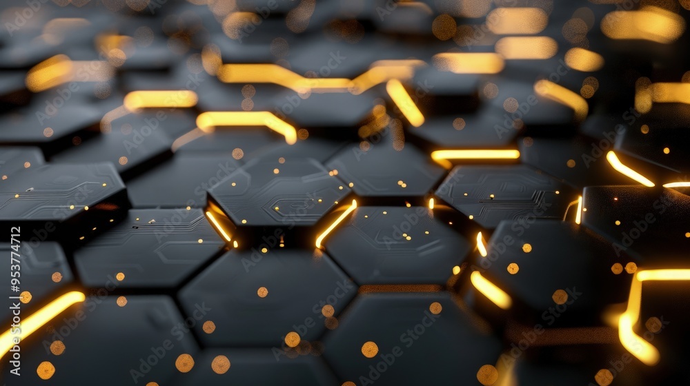 Fototapeta premium A close-up view of a hexagonal pattern with glowing edges, creating a futuristic and dynamic visual effect.