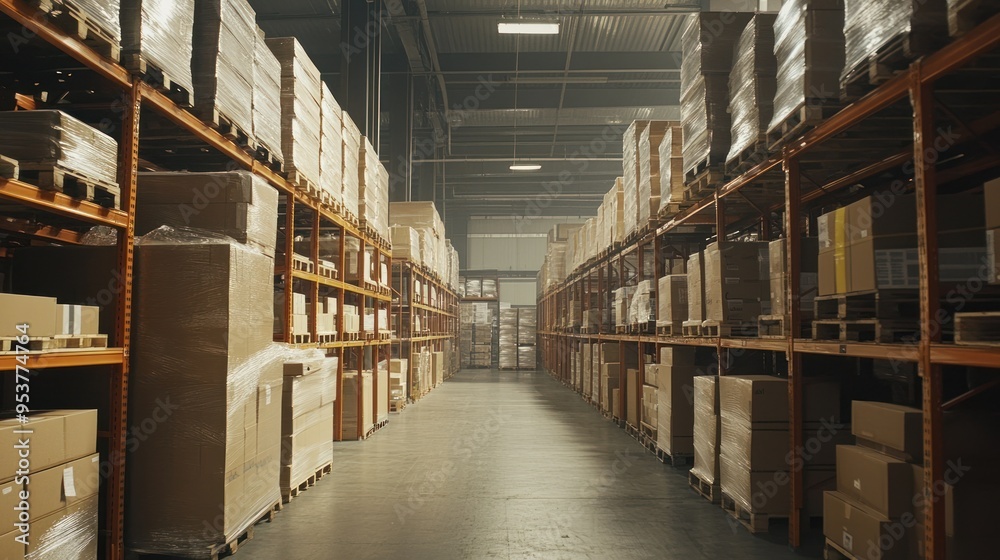 Rows of Palletized Cardboard Boxes in a Warehouse Rows of Palletized Cardboard Boxes in a Warehouse